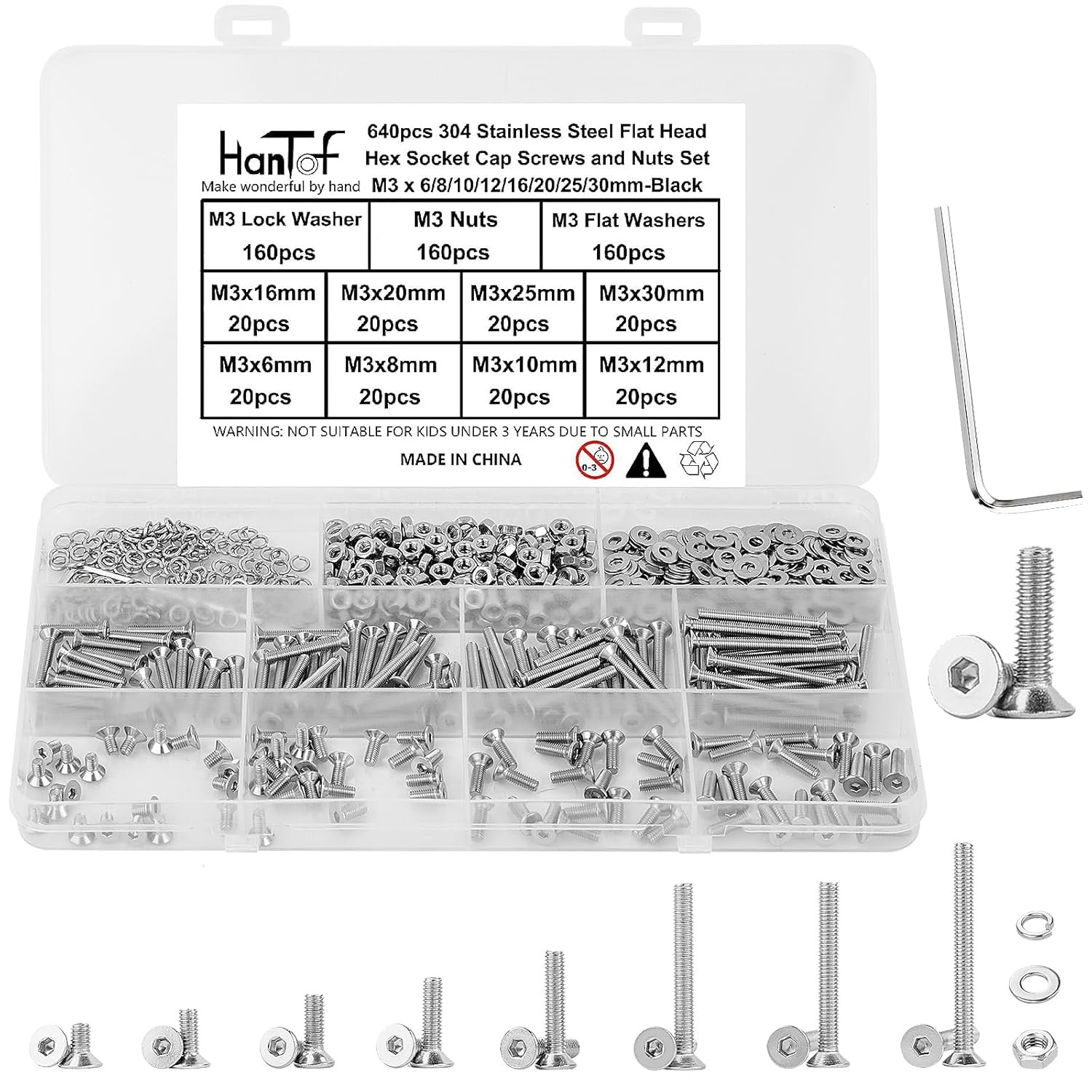 M3 M4 M5 M6 Flat Head Hex Socket Cap Screws Bolts Nuts & Washers Assortment Kit
