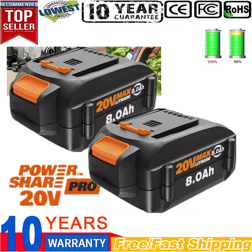 2PACK 8.0Ah For WORX 20V 8AH MAX Extend Lithium-Ion Battery WA3525 WA3575 WA3520