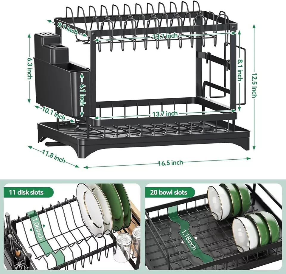 2 Tier Dish Drainer Rack with Drip Tray Cutlery Holder Plate Racks Kitchen Sink