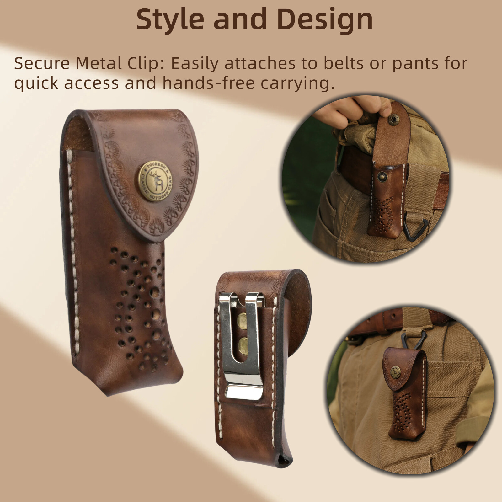 TOURBON Leather 3.5in Folding Blade Knife Sheath Knives Case Belt Pouch Holster
