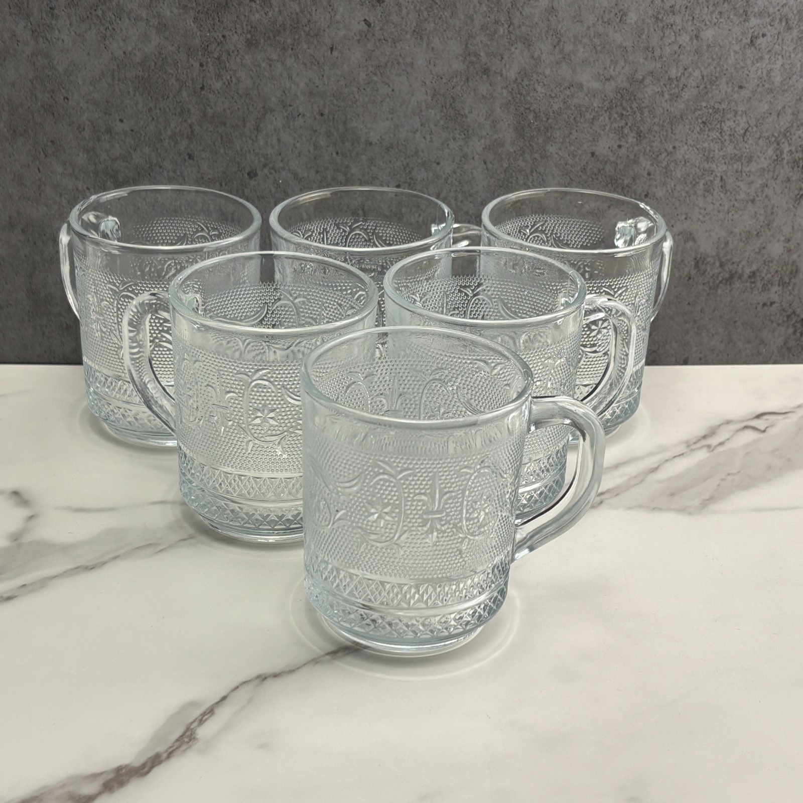 KIG Malaysia Coffee Mugs Tea Cups Clear Glass Trellis Fleur De Lis Set of 6