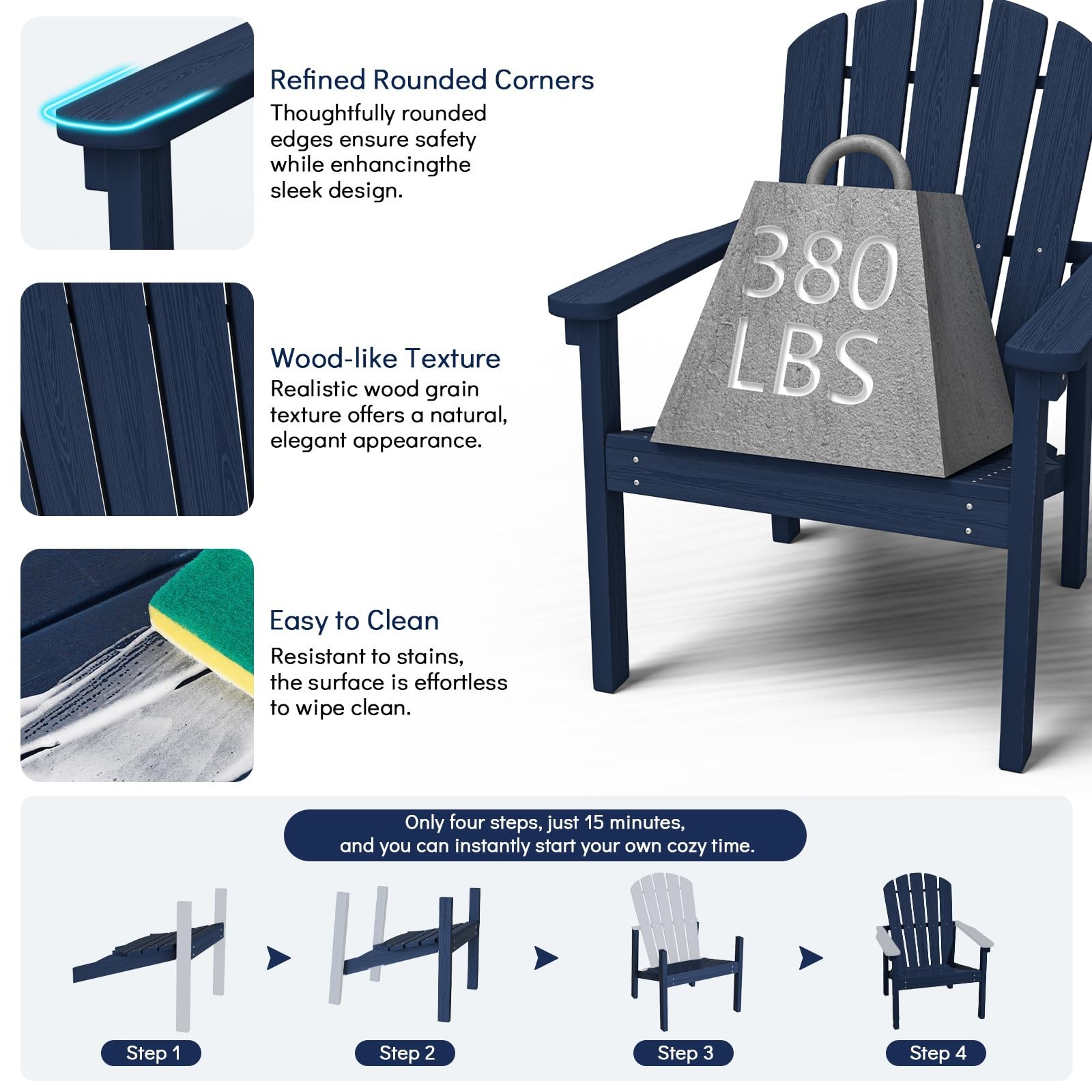 Stackable Adirondack Chairs – All-Weather HDPE, Navy, 380lb Capacity, Easy Assem
