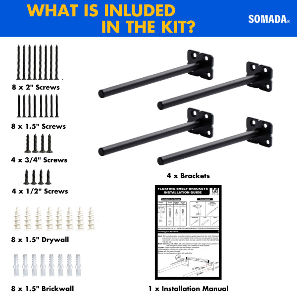 SOMADA 8 Inch Floating Shelf Brackets, 4 Pack Invisible Heavy Duty Shelf Support
