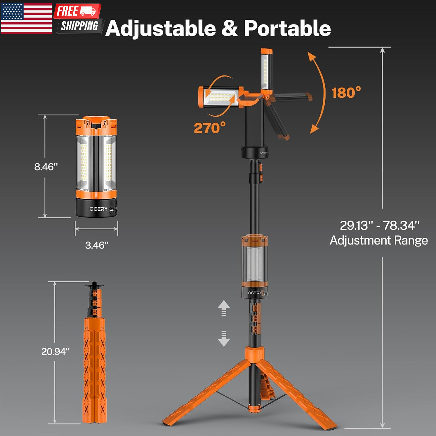 Rechargeable 10000Mah Camping Light with Stand 6.5 Ft Max Height, Cordless Work