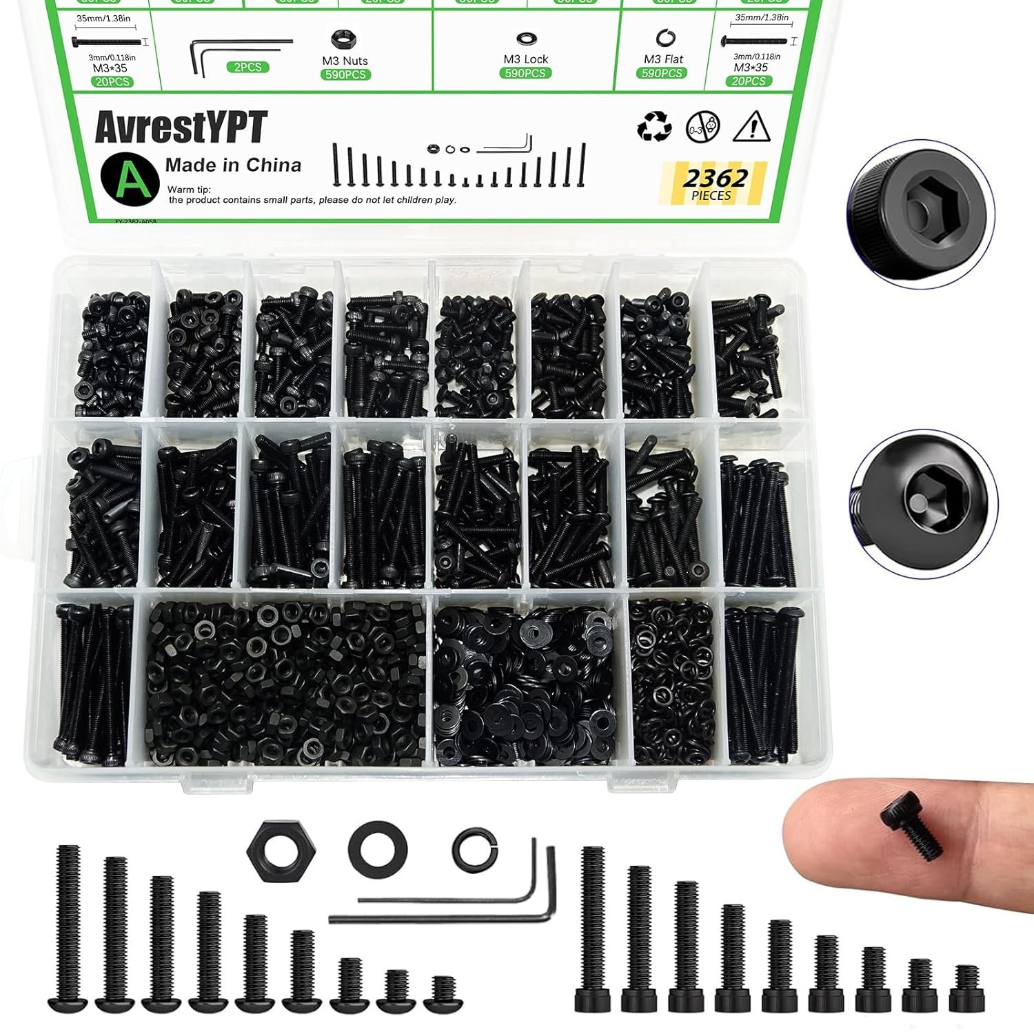 2360 Pcs M3 Hex Socket Button Head Cap Screws Bolts Nuts Washers Assortment Kit