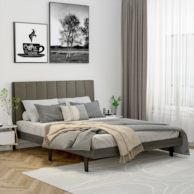 Queen Size Bed Frame Tufted Upholstered Headboard Bedroom W/ Solid Wooden Slat