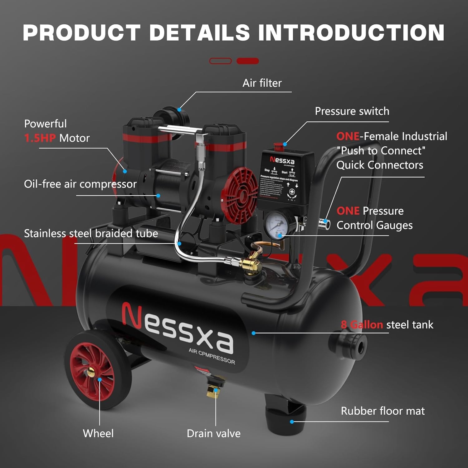 8 Gallon Quiet Air Compressor 115 PSI Oil Free 70dB
