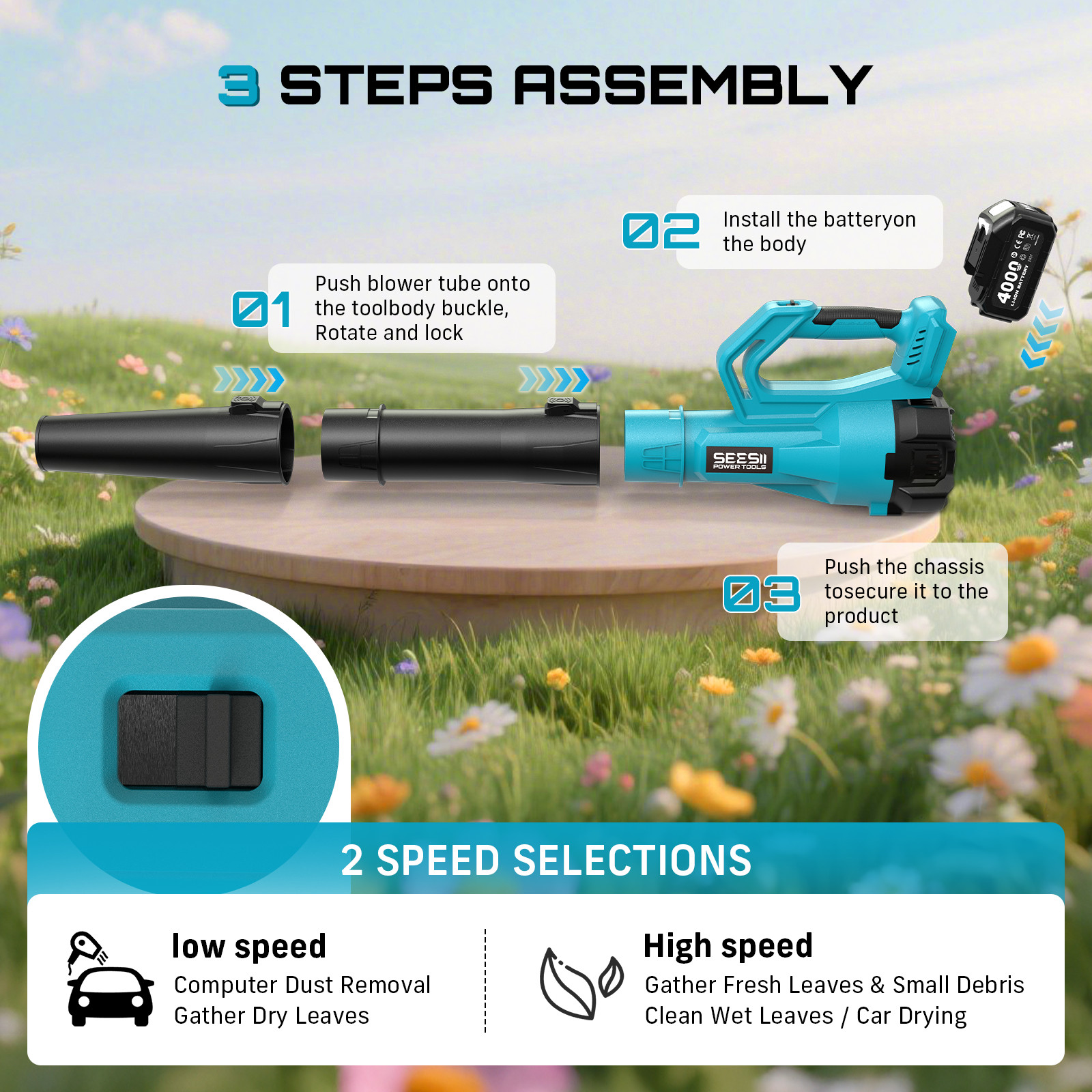 Seesii 21V Cordless Battery Powered Leaf Blower 400MPH 780CFM 2x 4000mAh Battery