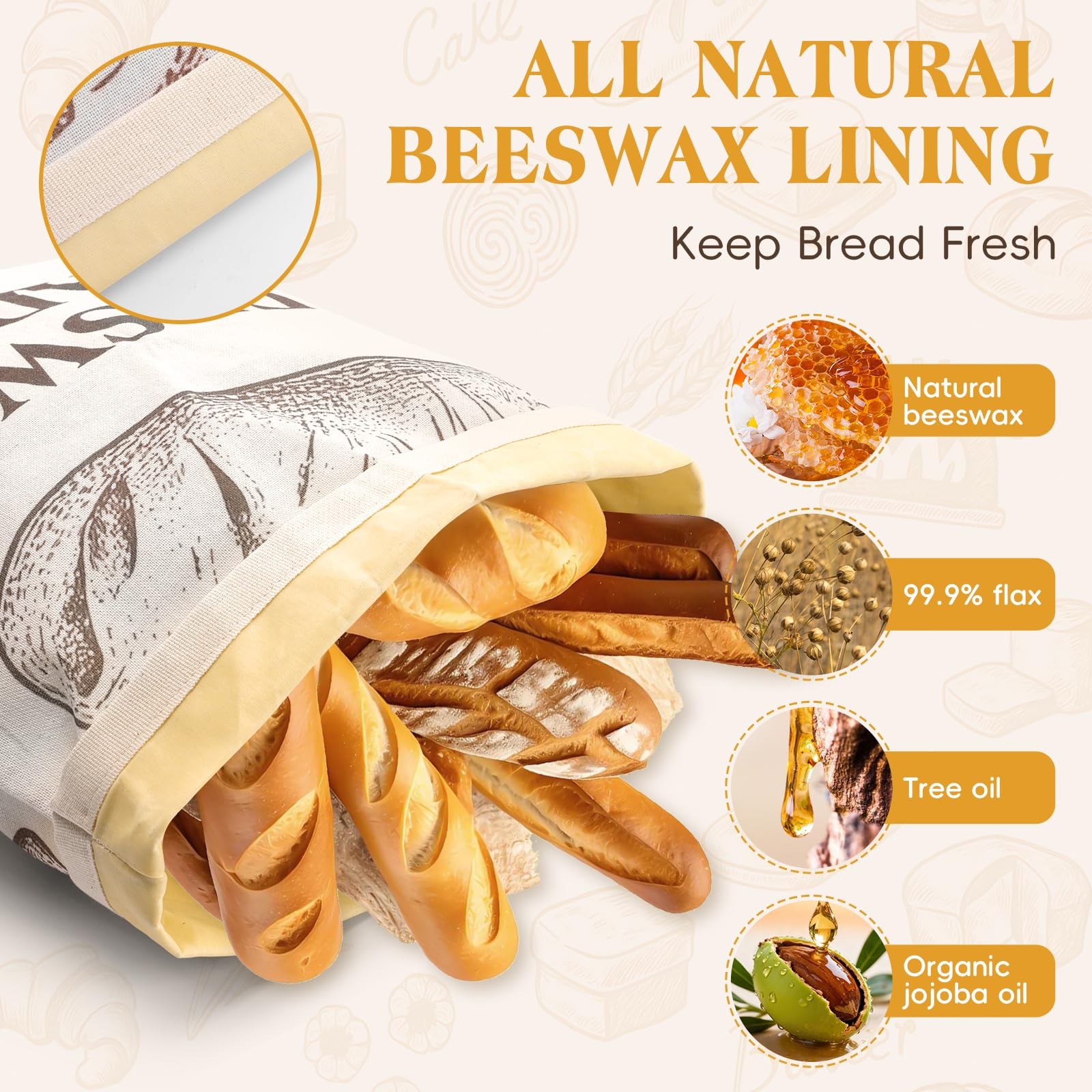 Natural Beeswax Bread Bags for XL Large, 1 Pack