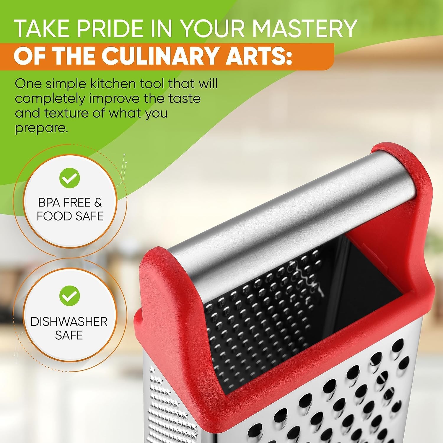 Stainless Steel XL Cheese Grater for Kitchen, Red | 4 Sided Manual Metal Box …
