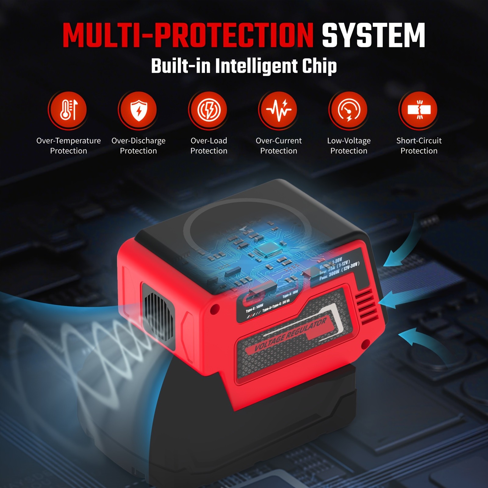 300W Voltage Regulator 2-30V DC Output Compatible with Milwaukee 18V Battery
