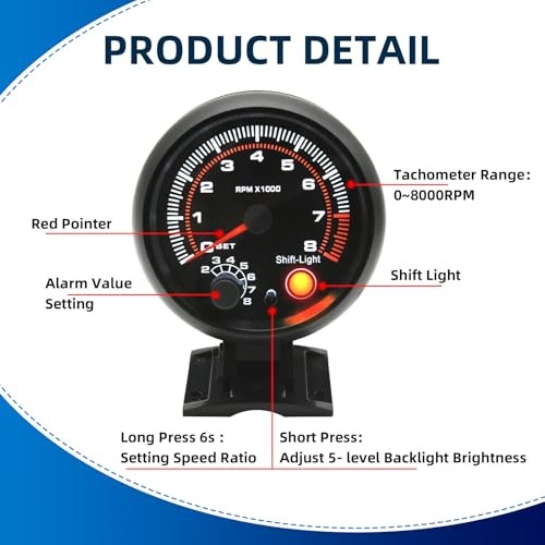 3.75 inch (95mm) Tachometer with Shift Light, 8000 RPM Gauge, 5-Level