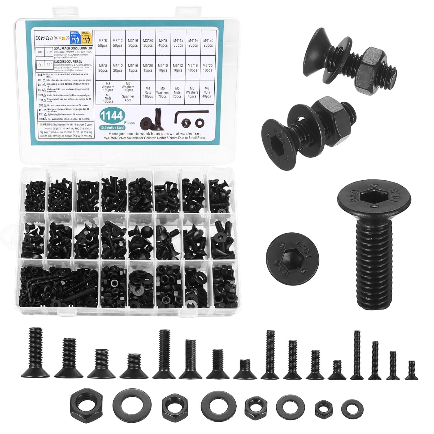 M3M4M5M6M8 Hex Socket Head Countersunk Screws Bolts Nuts Washers Assortment Kit