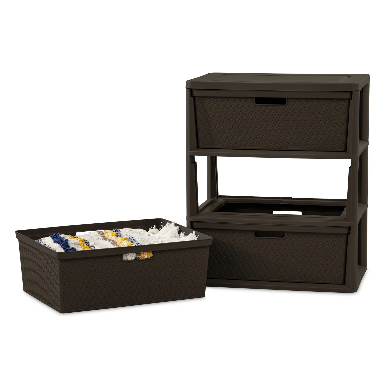 Wide 3 Drawer Tower, Plastic Storage Organizer with Removable Decorative Bins, E