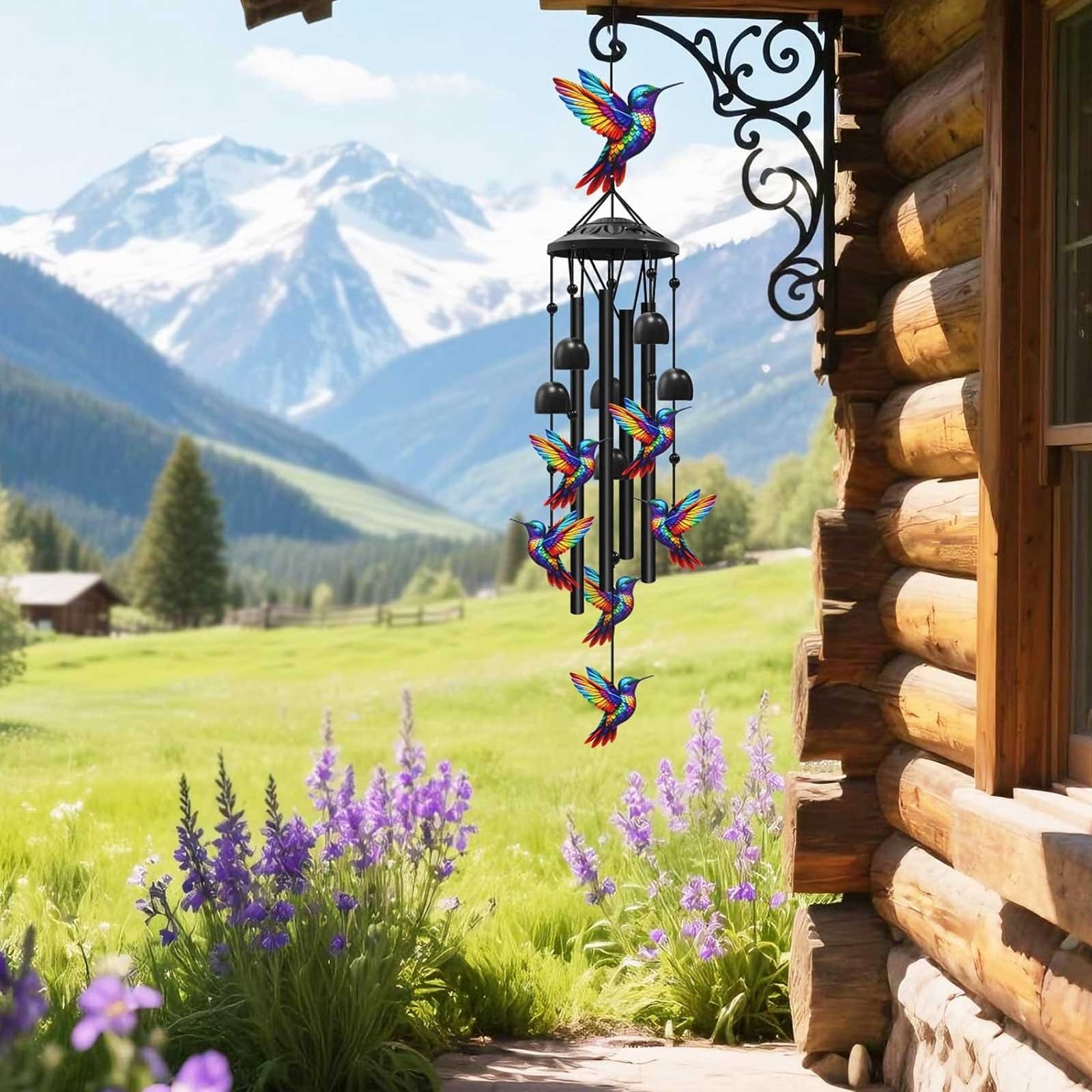 Hummingbird Wind Chimes Outdoor Garden & Yard Decor Black Aluminum Tubes Hanging