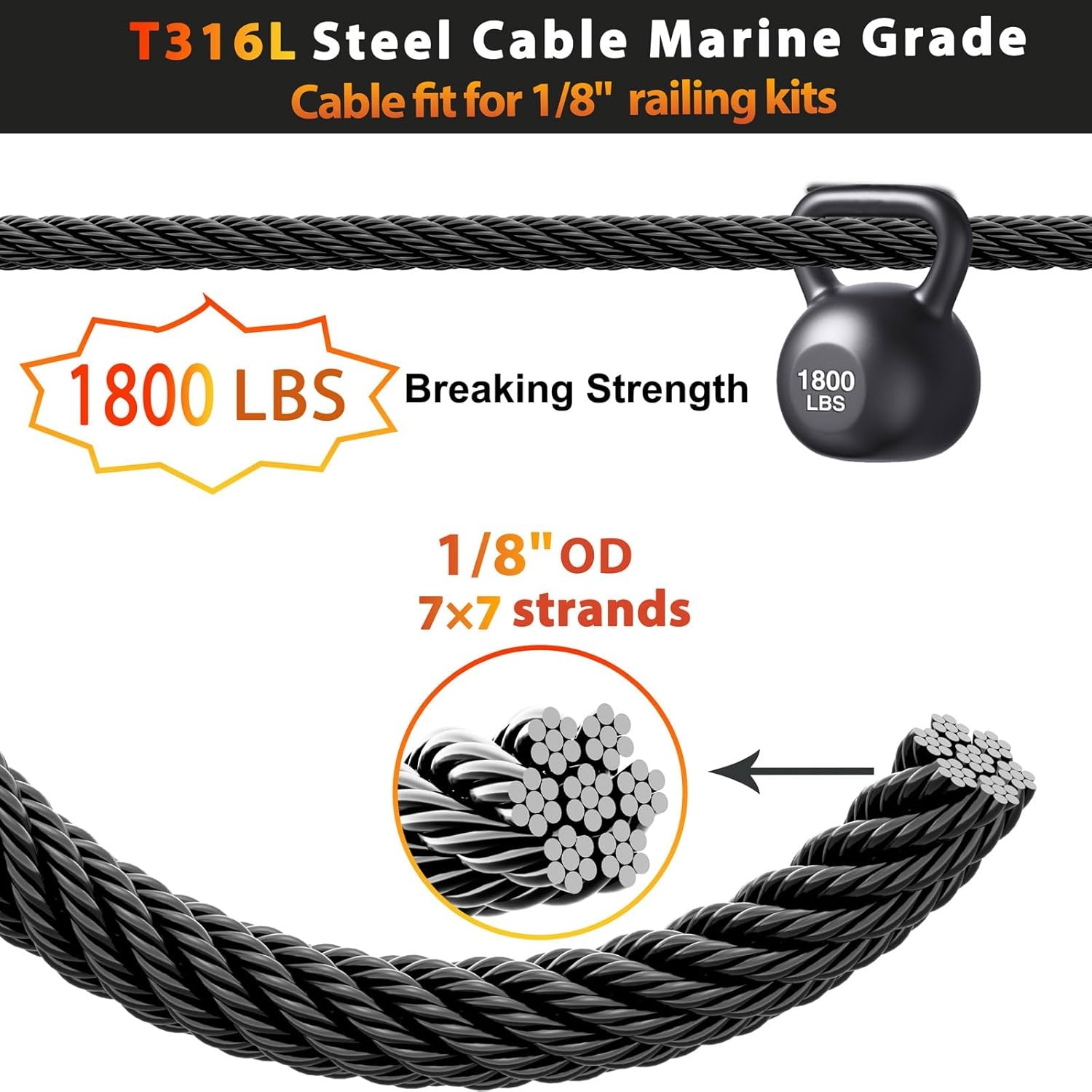DN Mate 220 ft Black Wire Rope 1/8″ T316L Marine Grade Stainless Steel