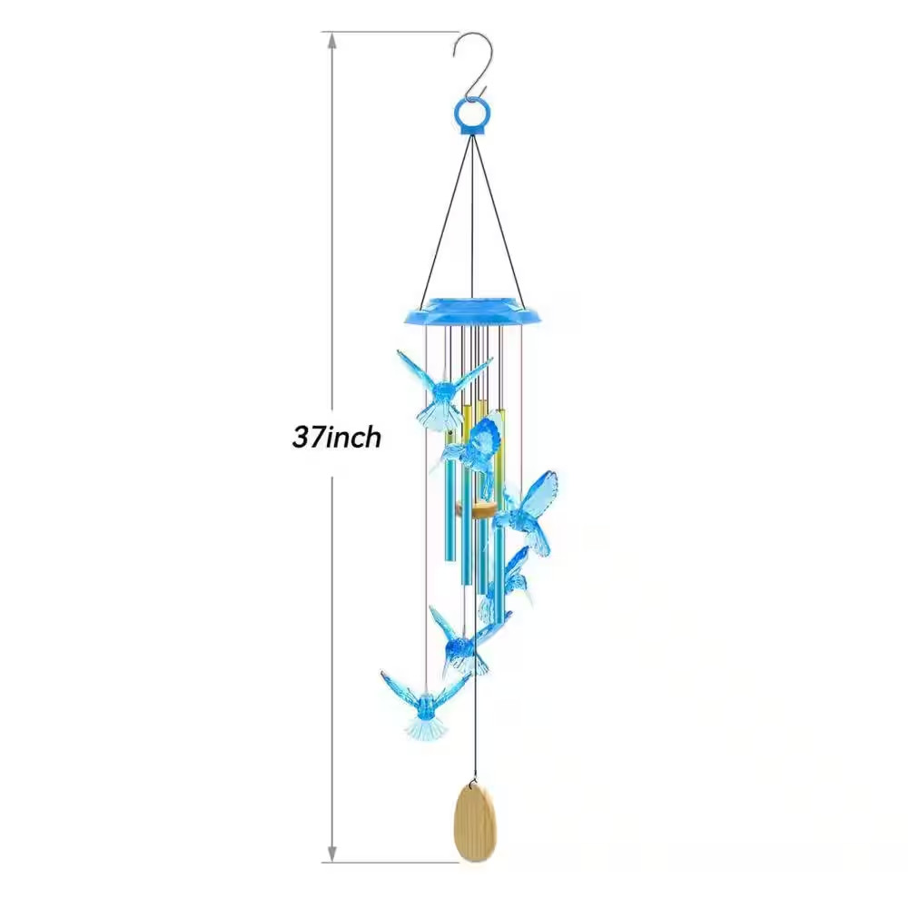 37 In. Blue Hummingbird Solar Wind Chimes for Outside