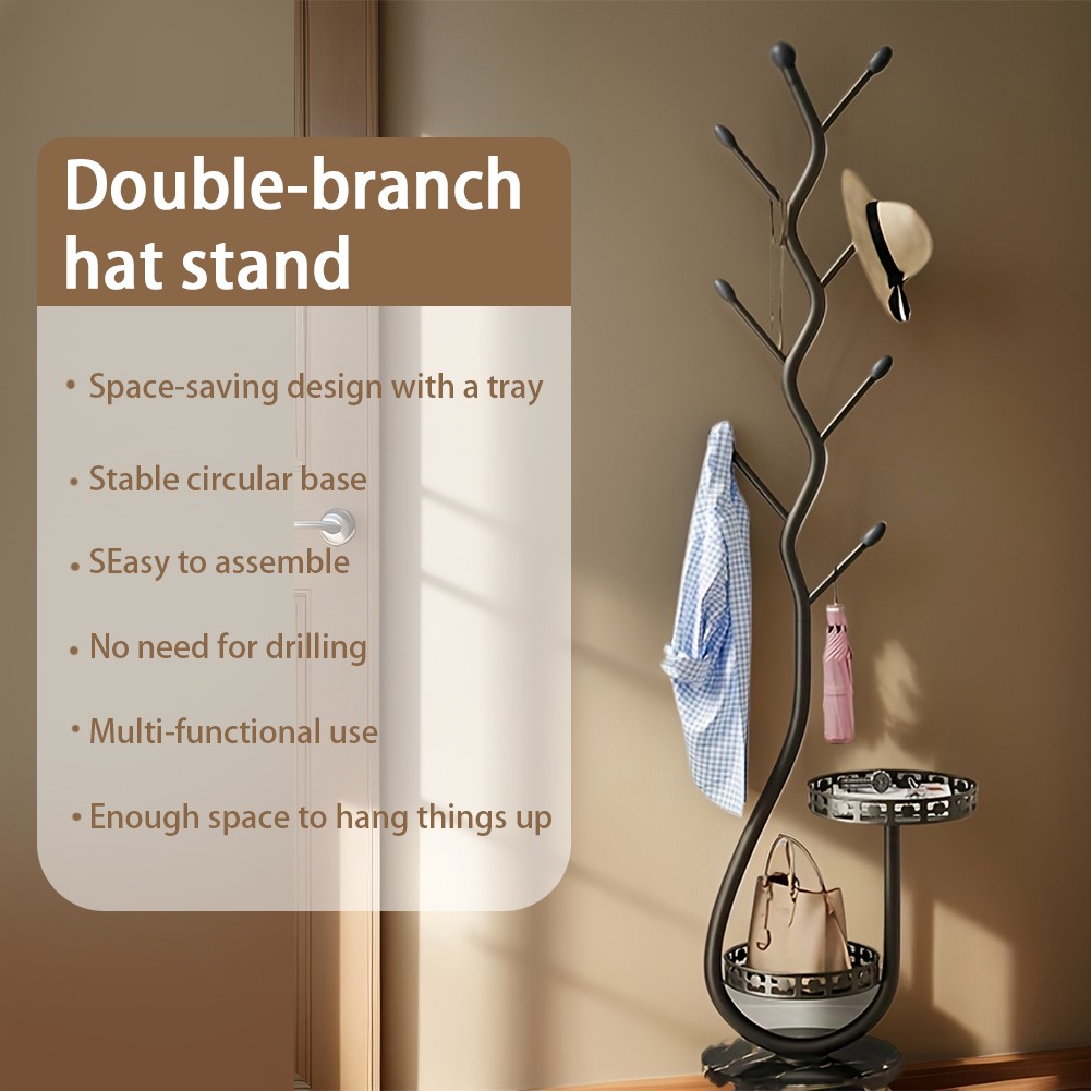 Metal Coat Rack with 8 Hooks – Carbon Steel Coat Tree Stand with Storage Shelf
