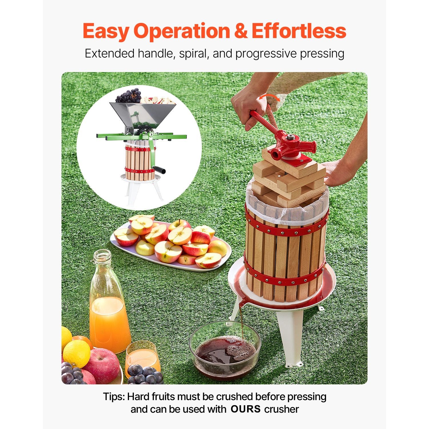 1.6 Gal Fruit Wine Press, Solid Wood Basket, Manual Juice Maker for Cider Apple