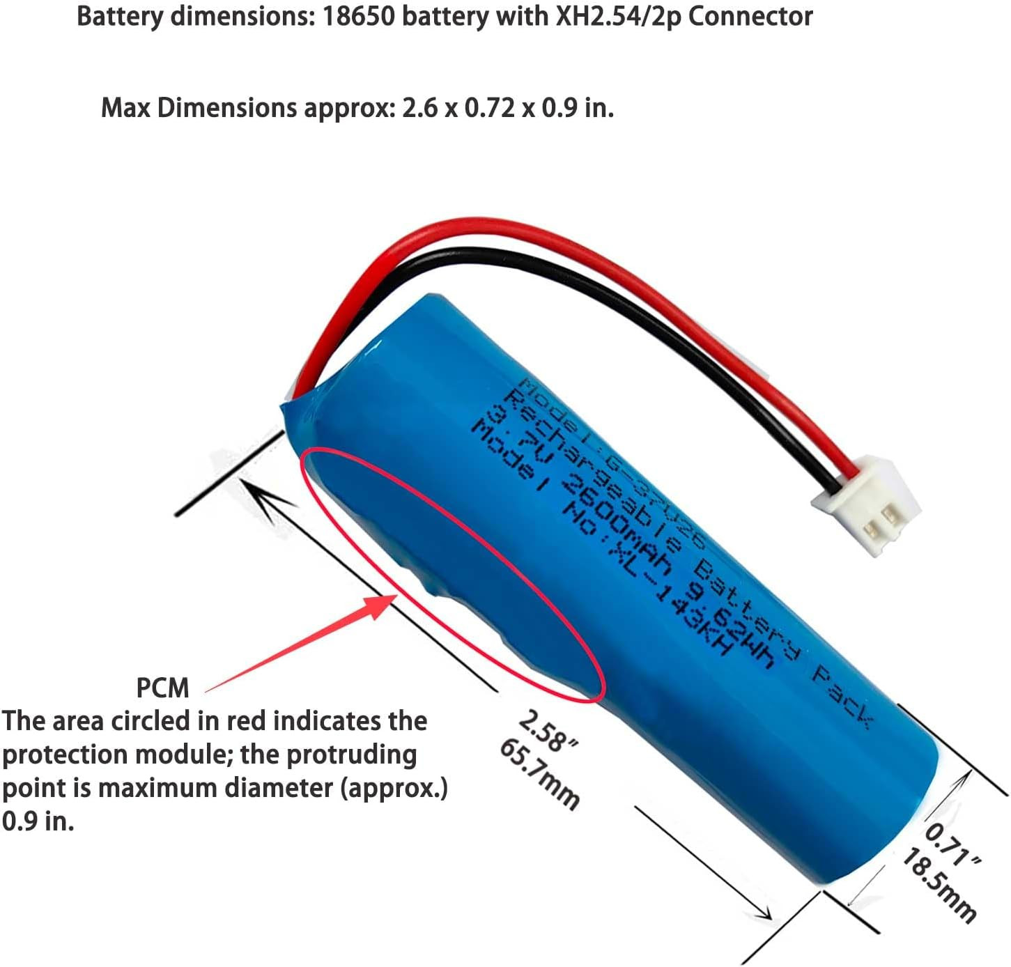 3.7V 2600Mah 18650 Rechargeable Li-Ion Battery with Jst XH2.54/2P Connector Plug