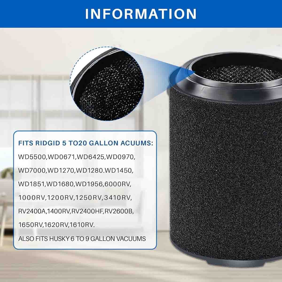 VF7000 Replaceable Foam Filter For Ridgid Wet Dry Vacuums 5-20 Gallon