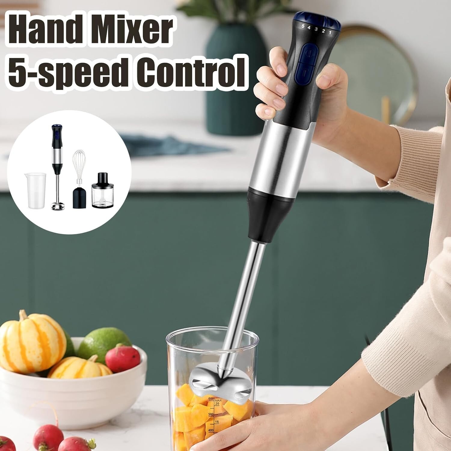 1000W 5 Speed 5 In 1 Immersion Electric Hand Blender Stick Chopper Mixer Juicer