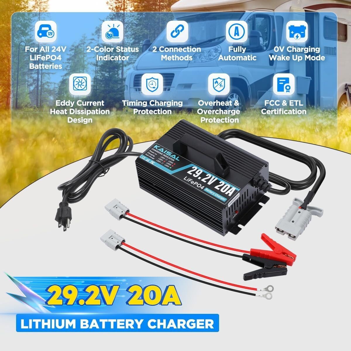 24V 20A Lithium Battery Charger LiFePO4 Battery Charger For RV Boat Truck Marine