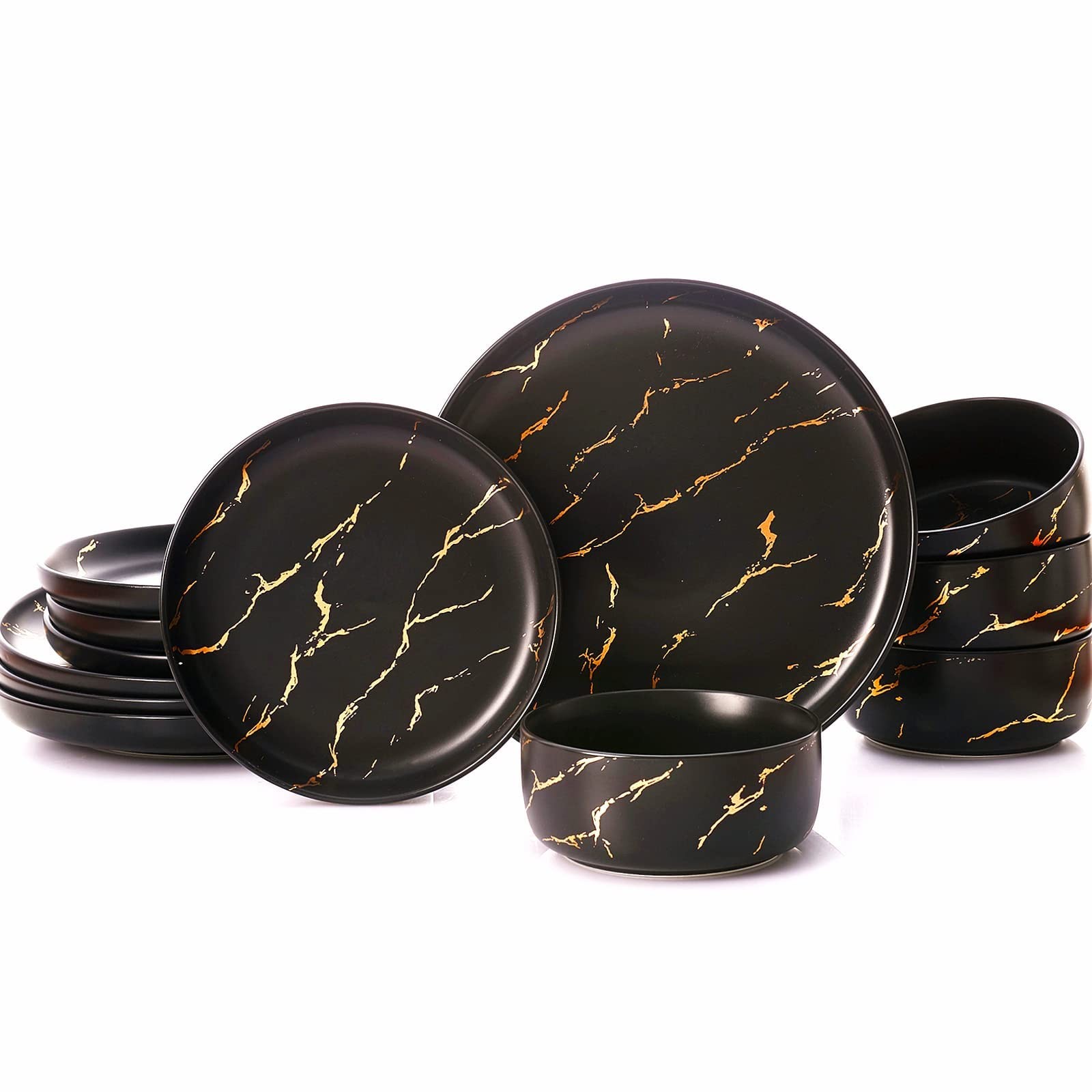 Pokini Black Gold Splash Dinnerware Sets, Marble Porcelain Plates and Bowls S…
