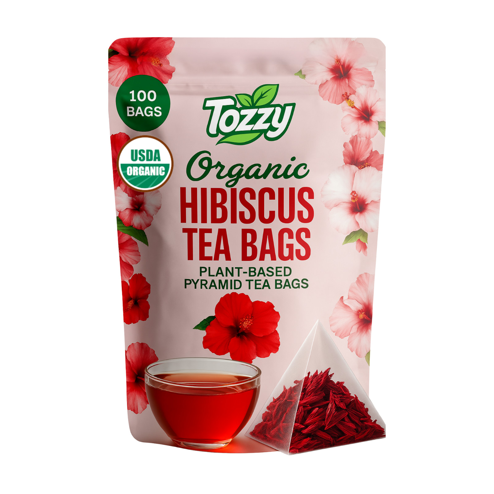 Organic Hibiscus Tea Bags – 100 Count (Plant-Based Pyramid Tea Bags)