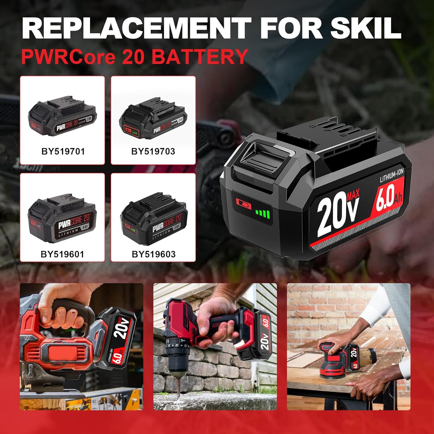 20V 6Ah Replacement Battery for SKIL PWRCore 20,Compatible w/ BY5196/7XX Series