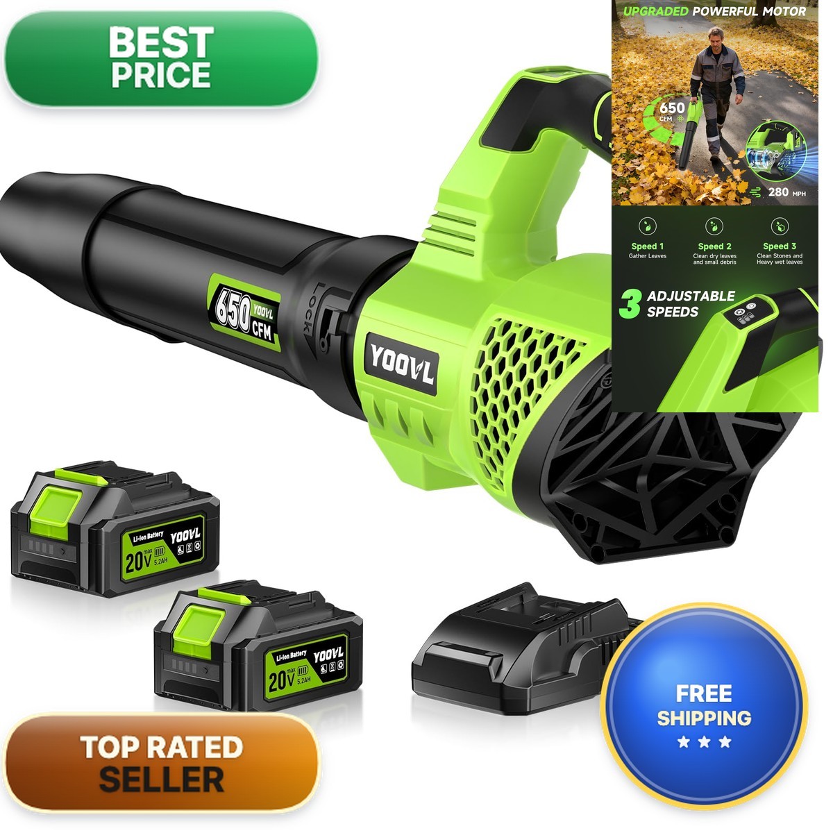 YOOVL LB-8184 Cordless Leaf Blower 650CFM 2×5.2Ah Batteries 3 Speed Modes