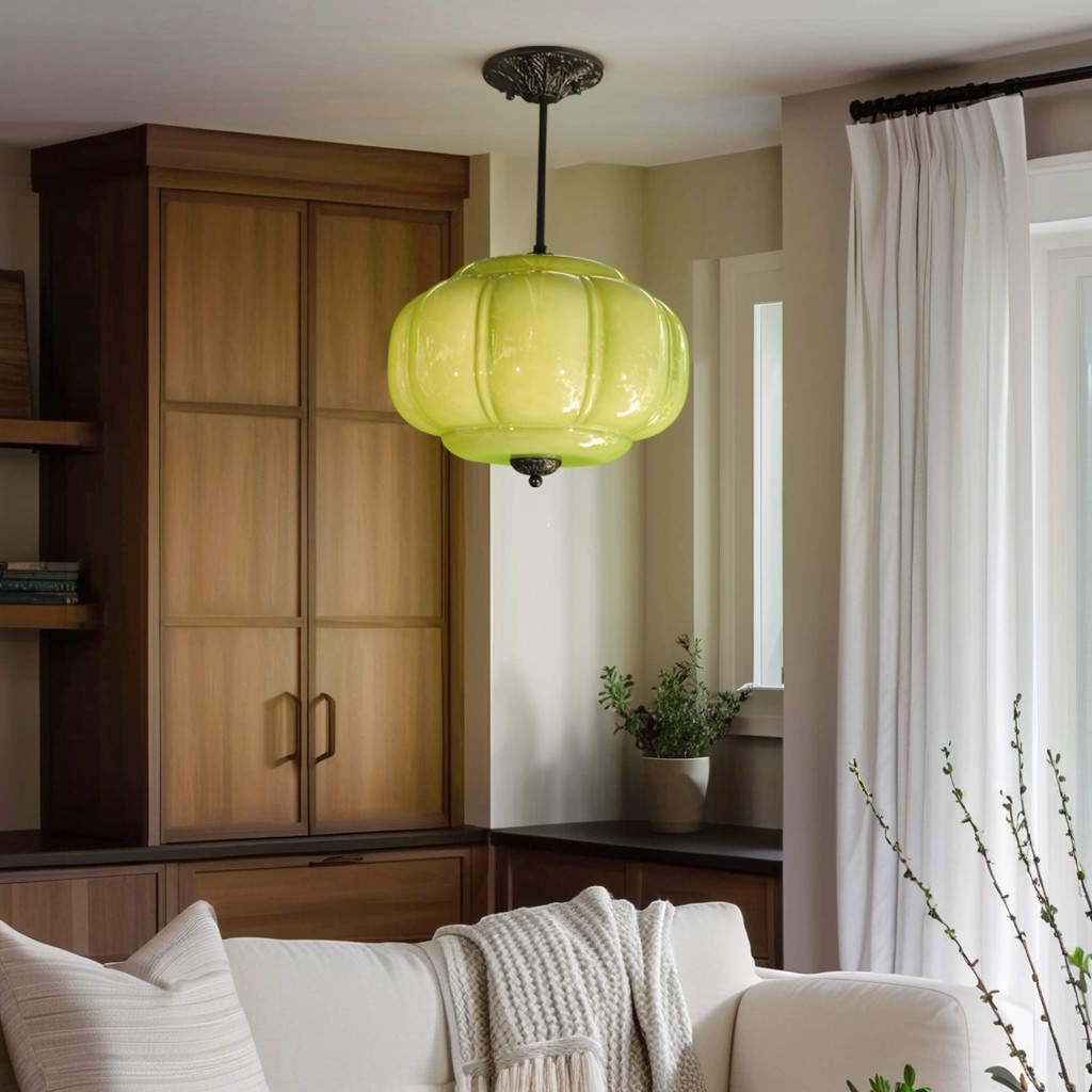 14’Simple Green Pumpkin Shaped Pendant Light,Living Room/dining Room Glass Light