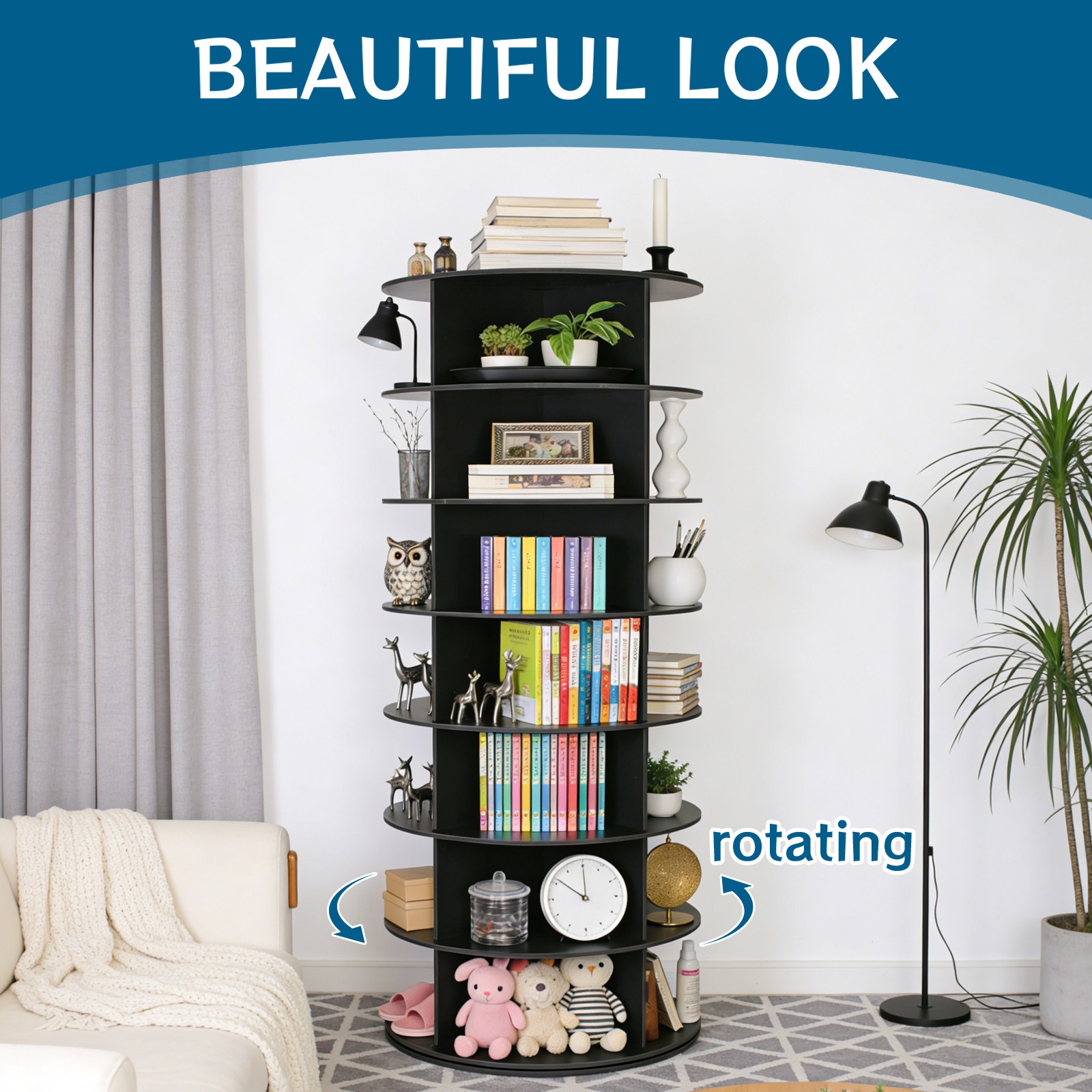 Rotating Shoe Rack Tower 7 Tier Organizer, Revolving 360 Black Shoe Rack Storage
