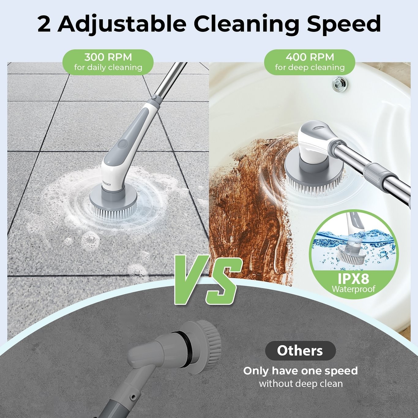 Electric Spin Scrubber Extra Length 9 Brush Heads Retractable Handle IPX8