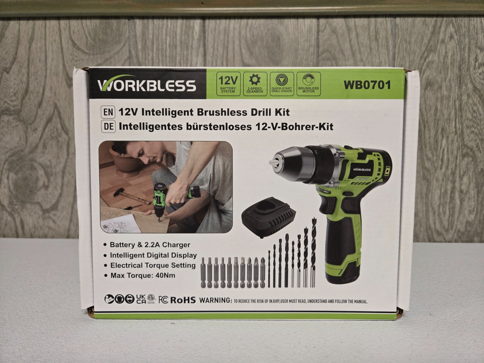 WORKBLESS 12V Cordless Power Drill Set w/ LCD Smart Display 18pc Drill Bits NEW