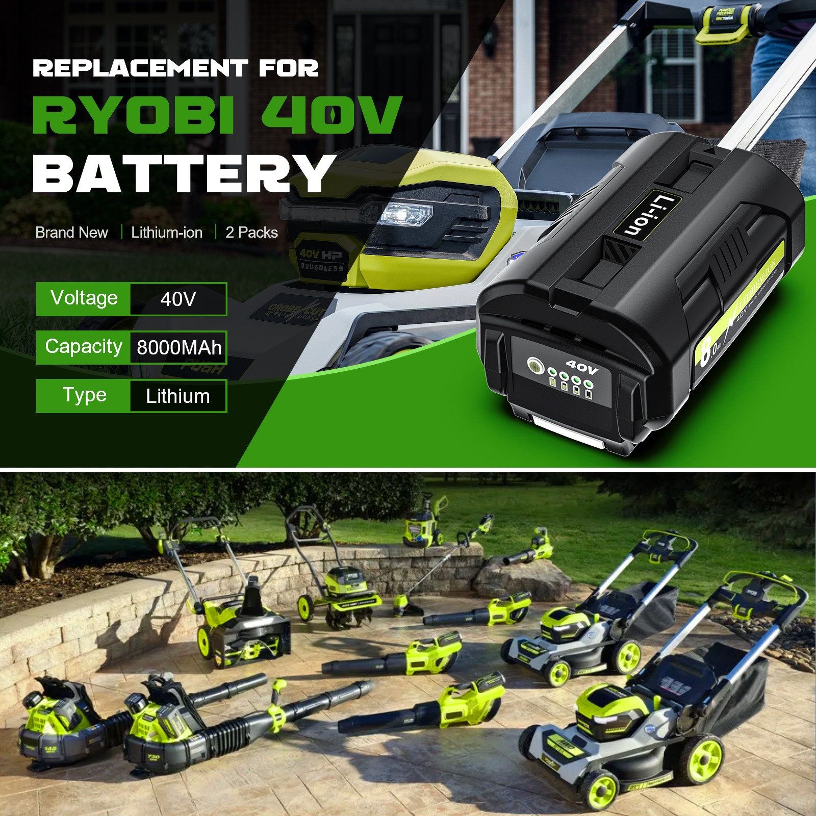 2pcs 8.0Ah Battery 40 Volt for Ryobi 40V Lithium OP40602 Battery with LED