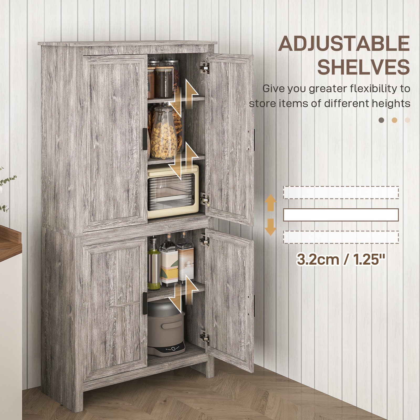 64″ 4-Door Freestanding Kitchen Pantry Cabinet with 5-Tier Shelves,Refurbised
