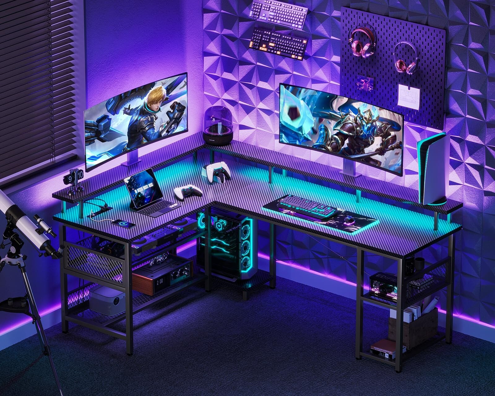 Home Office Study Table L Shaped PC Gaming Desk with LED Lights & Monitor Stand
