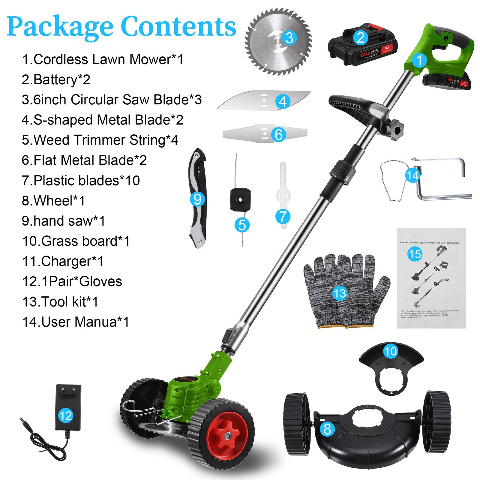 Electric Cordless Weed Wacker 21000RPM Grass Trimmer Lawn Mower with 2*Batteries