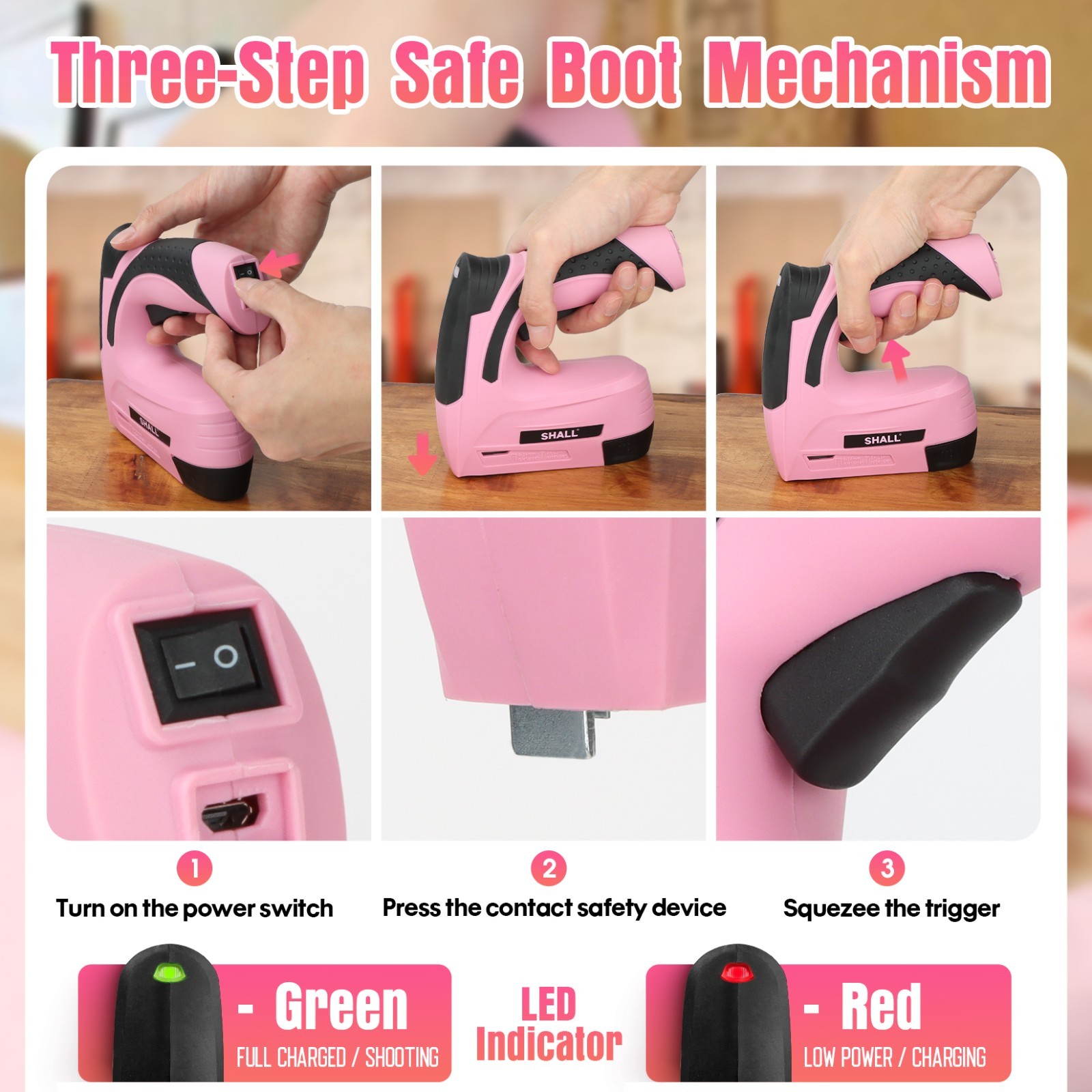 SHALL 4V Pink Electric Staple Gun, 2in1 Stapler Gun,w/ 2500 Staples Nails US