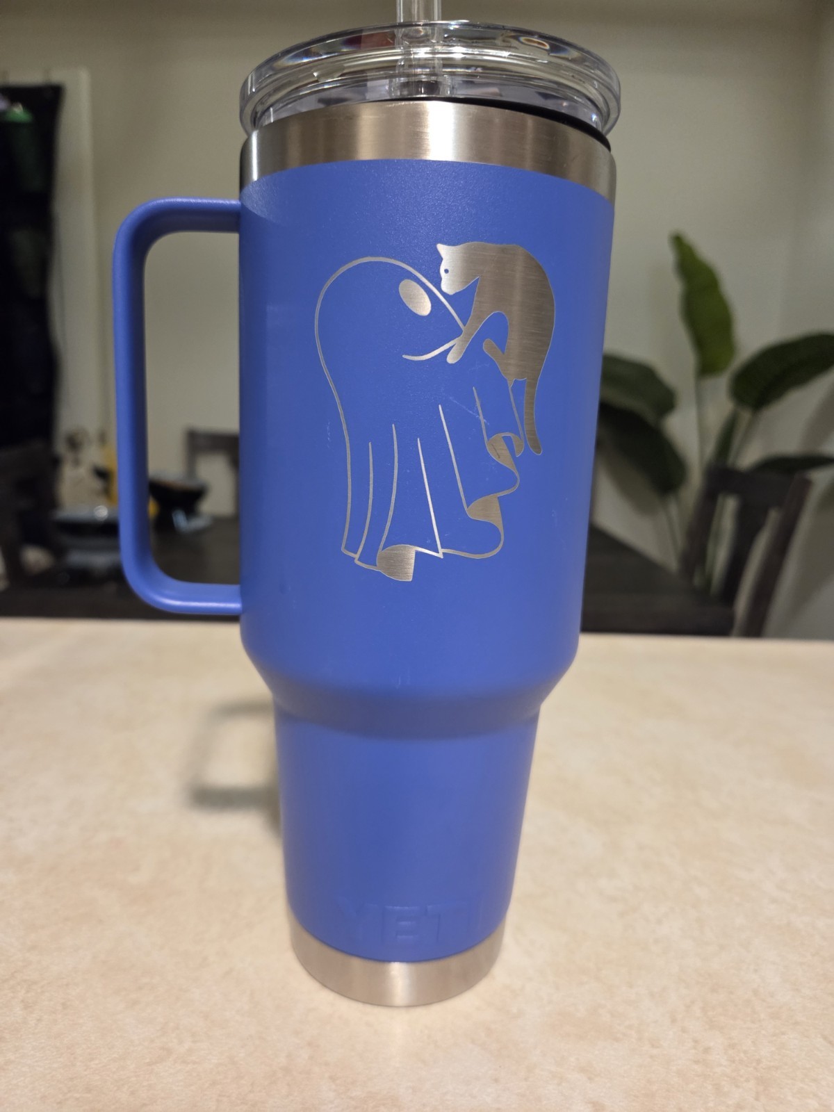 YETI Rambler 42 oz Blue Stainless Tumbler engraved with ghost and cat.
