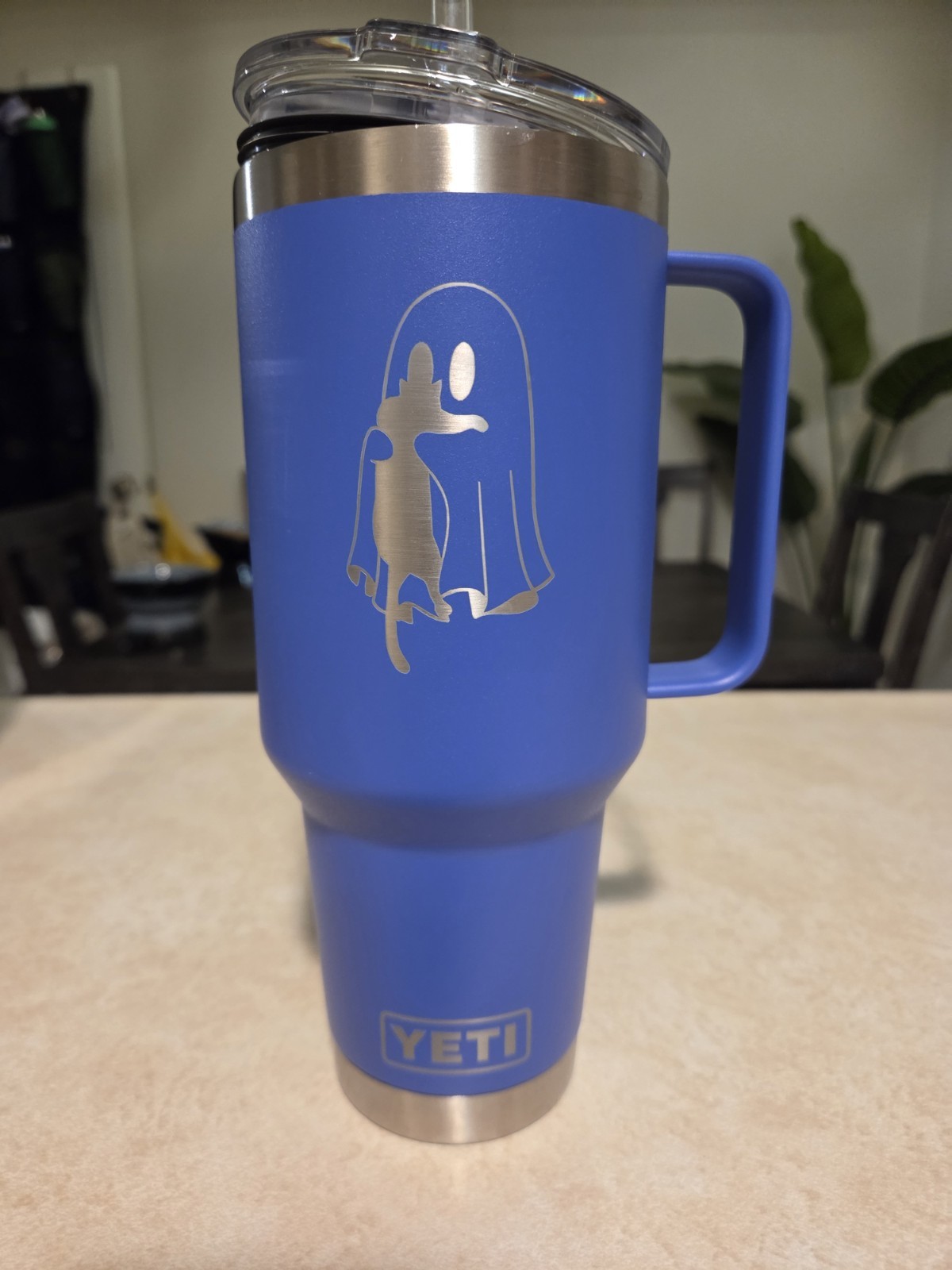 YETI Rambler 42 oz Blue Stainless Tumbler engraved with ghost and cat.