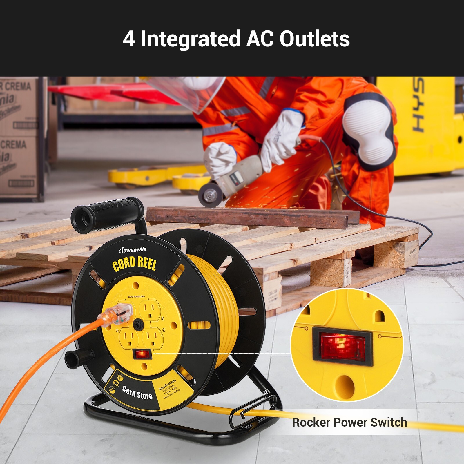 DEWENWILS Electrical Cord Extension Storage Reel with 4 Outlets Integrated Cord