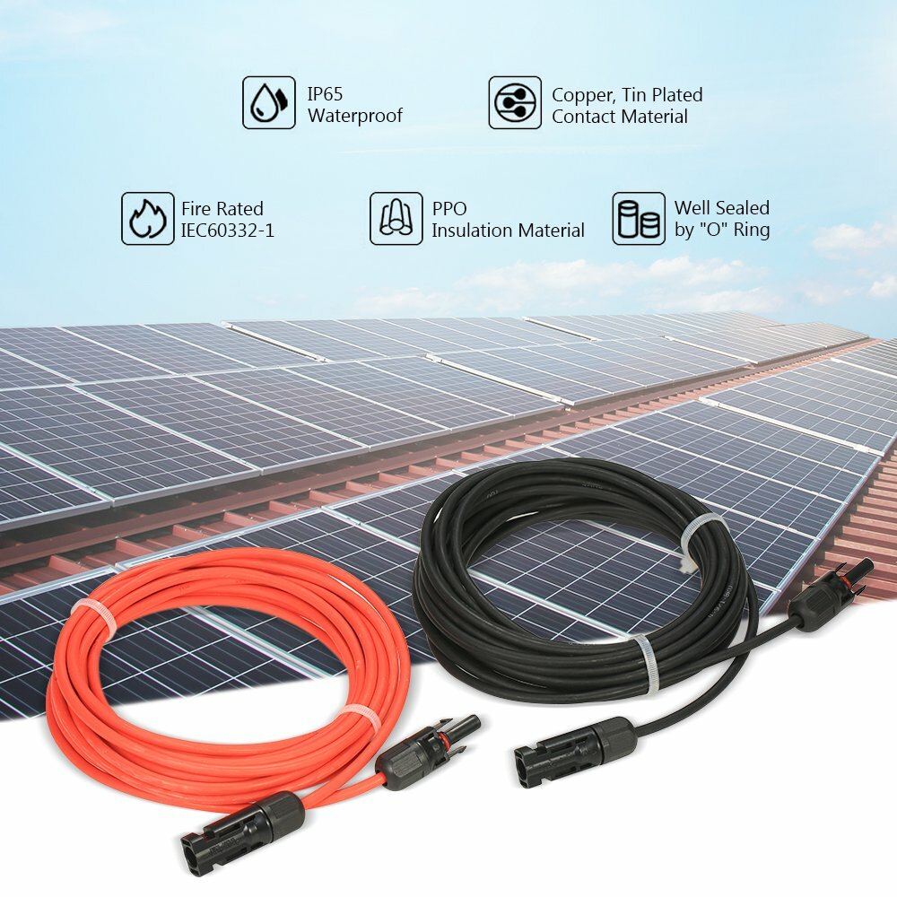 1 Pair Black+Red Solar Panel Extension Cable Wire Solar Connectors 10 AWG Gauge
