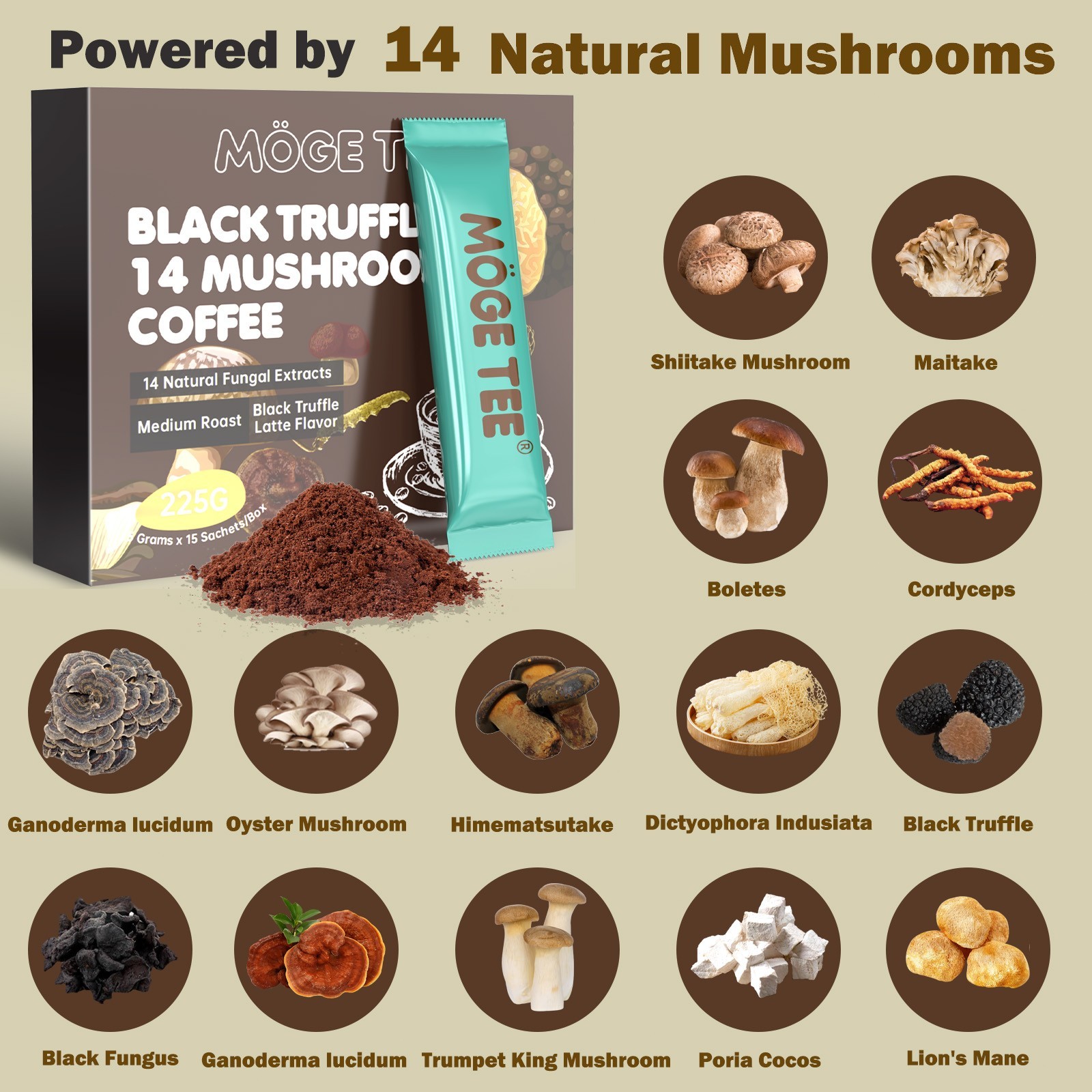 Organic Mushroom Coffee Instant Coffee, 14 Mushroom Extract Energy & Brain Boost