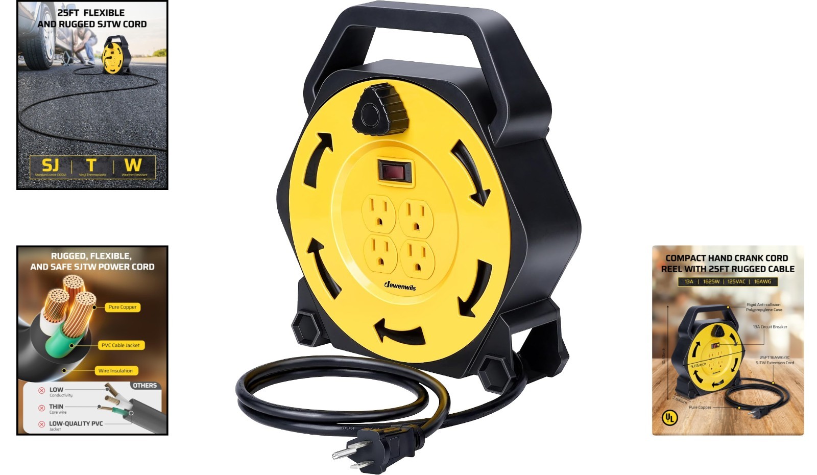 25FT Retractable Extension Cord Reel with 4 Grounded Outlets – Portable & Safe