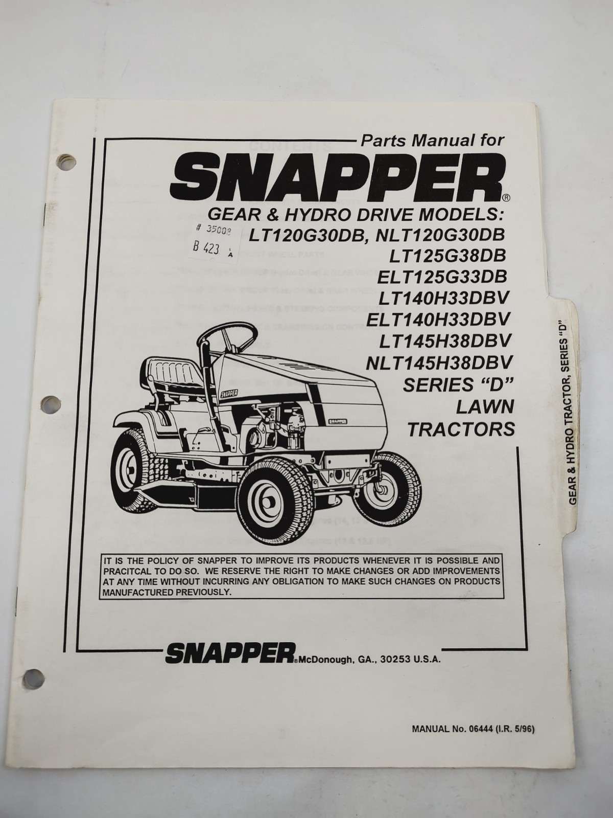 Snapper Parts Manual Gear & Hydro Drive LT120G30DB Lawn Tractors Series D