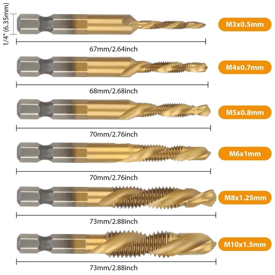 12Pcs HSS Titanium Coated Twist Drill Bit Set M3-M10 Hex Shank For wood Metal