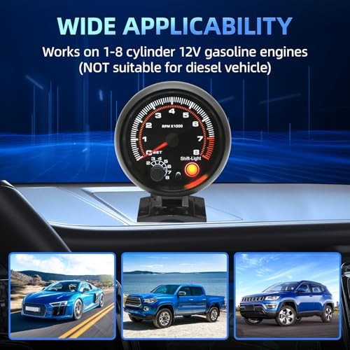 3.75 inch (95mm) Tachometer with Shift Light, 8000 RPM Gauge, 5-Level