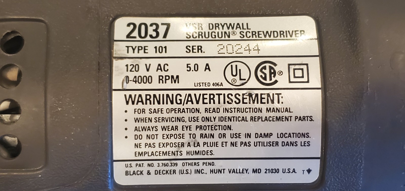 Black & Decker 2037 Corded Electric Drywall Screwdriver 0-4000 rpm. Made In USA